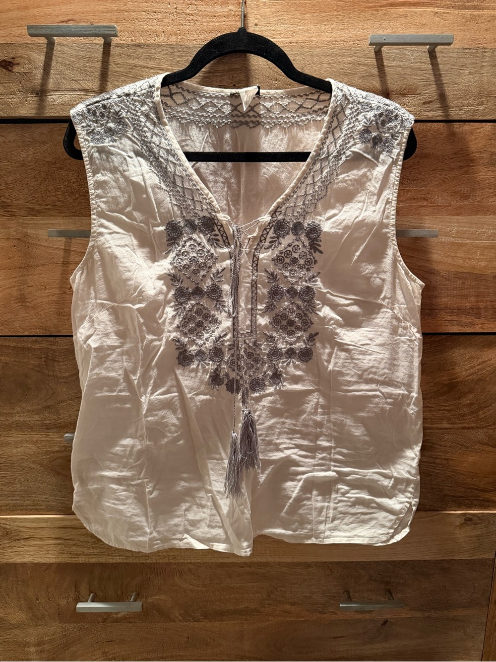 J. Crew White Sleeveless Embroidered Camisole with Gray Detail